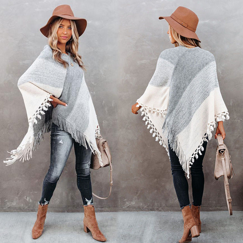 Fashion Gradient V-Neck Loose Tassel Sweater For Women