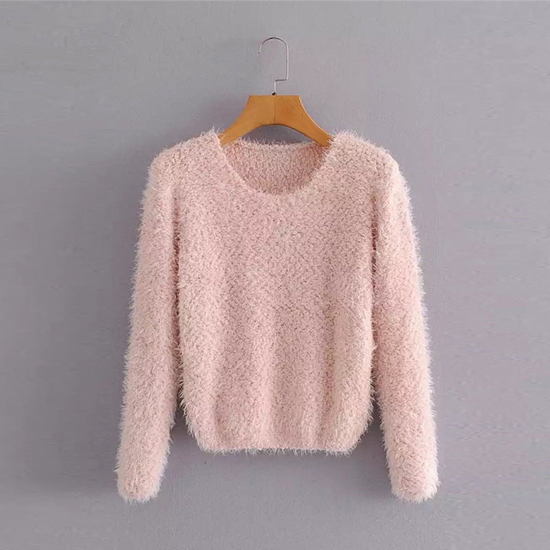 Solid Color Round Neck Pullover Short Pineapple Pin Sweater