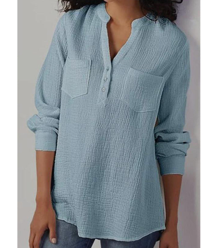 Solid Color V-Neck Pocket Cotton And Linen Loose Plus Size Shirt For Women