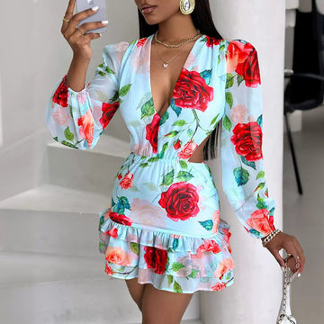 Fashion Hollow Out Printed Dress