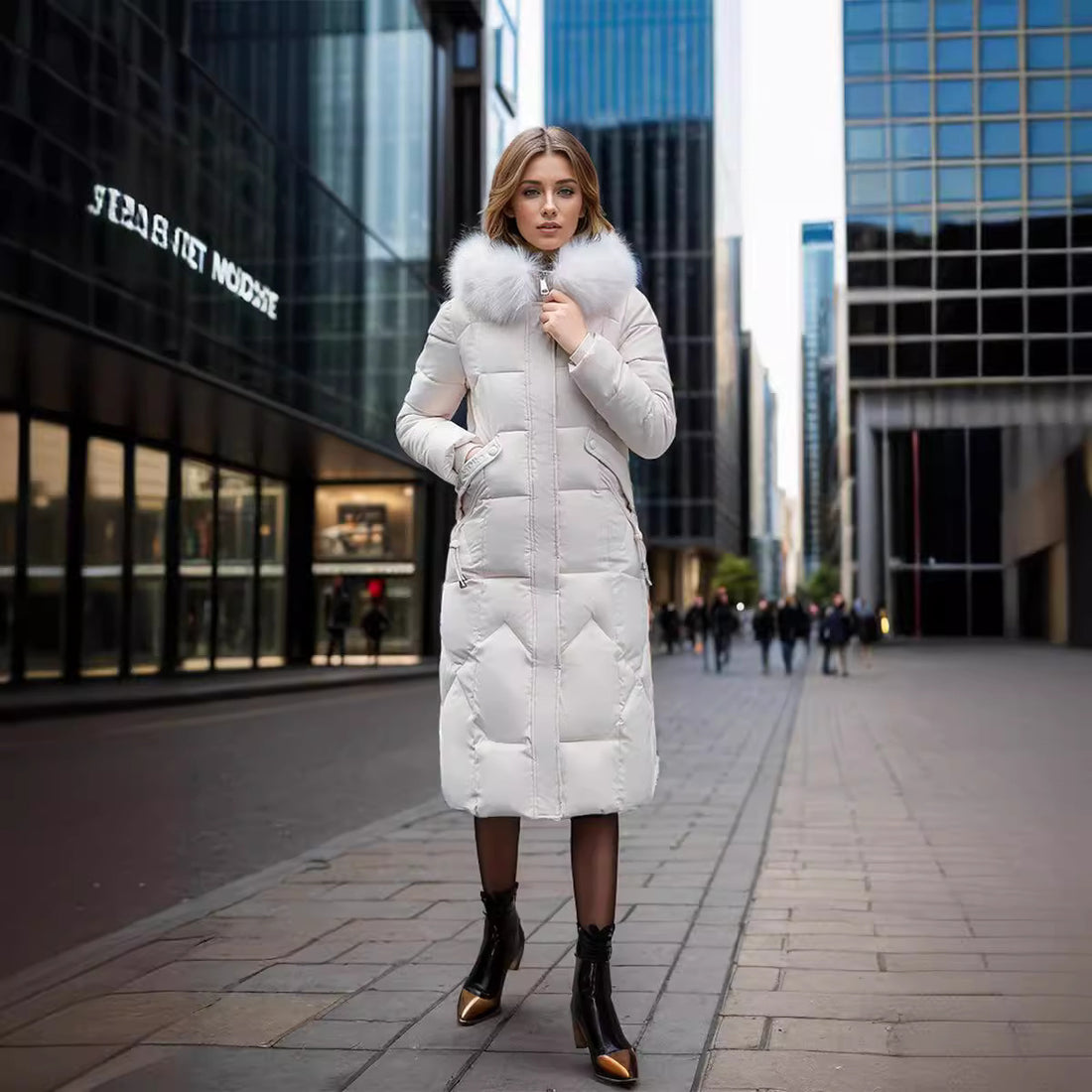 Slim Fit Below The Knee Cotton Coat Big Fur Collar Thickened Padded Jacket